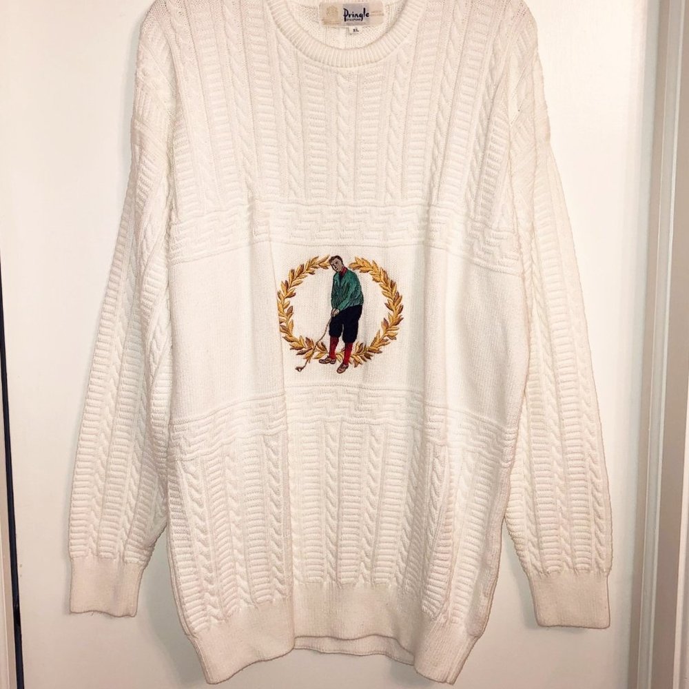 Vintage White Cotton HUGE Grampa Sweater XL Pringle Scotland Golf Embroidered